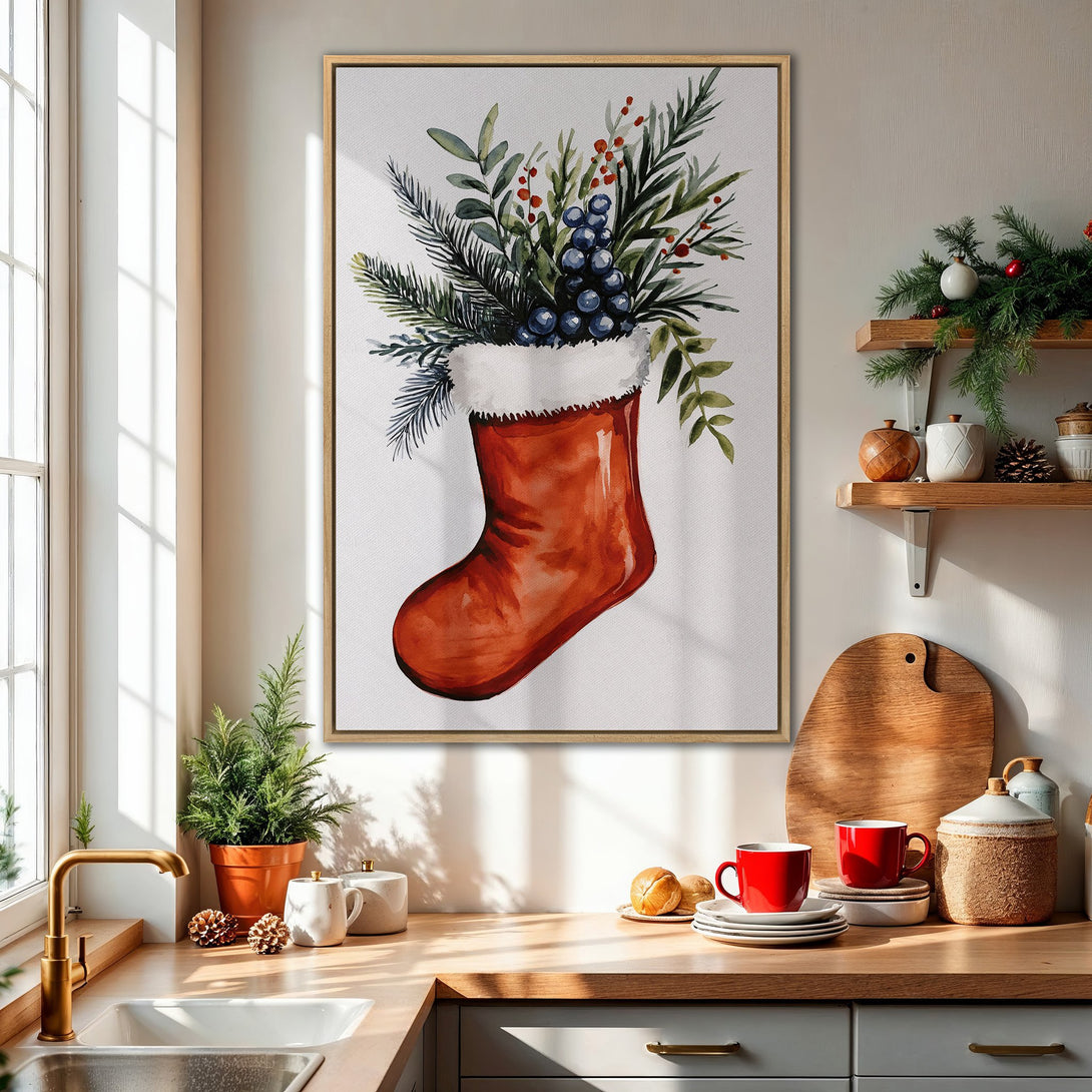 Framed Wall Art: Watercolor Christmas stocking print in a kitchen. Features red, green, and blue hues. Perfect holiday decor for a cozy home.