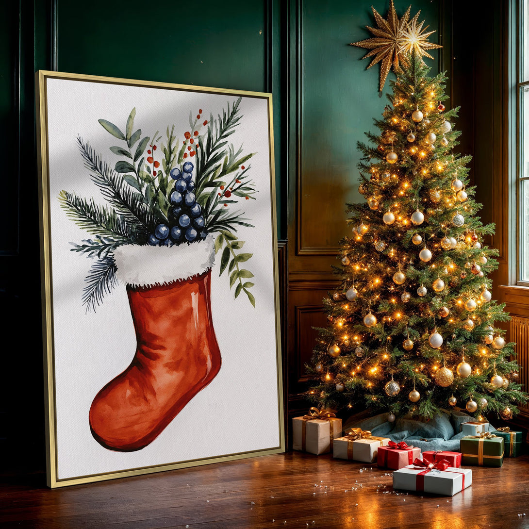 Canvas Print of a watercolor Christmas stocking with greenery, berries. Warm red, green, and blue tones. Perfect holiday wall art.