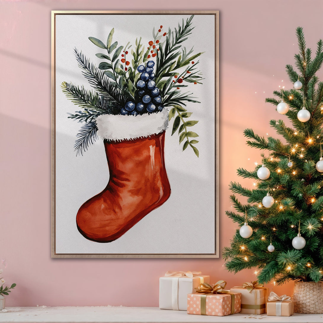 Framed Wall Art: Watercolor Christmas stocking print in warm red & green tones. Festive decor for your home. Shop now for holiday wall art!