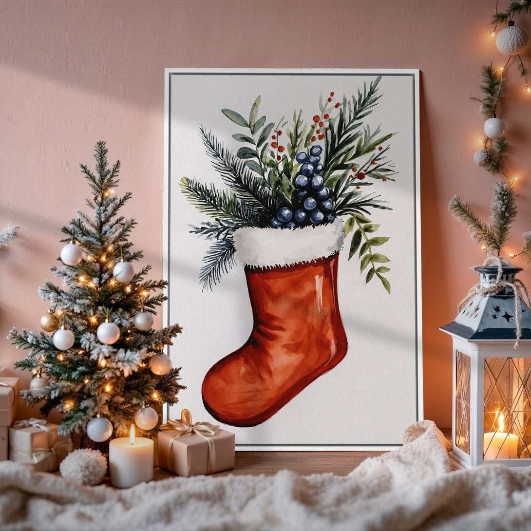 Framed Wall Art: Watercolor Christmas stocking print in warm red, green, and blue hues. Perfect festive decor for your home!