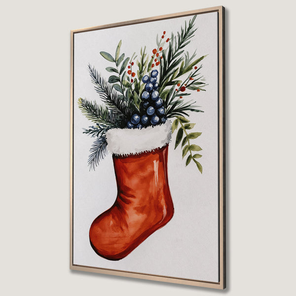 Framed Wall Art: Watercolor Christmas stocking with greenery and berries. Warm red, green, and blue tones on a white canvas. Perfect holiday decor.