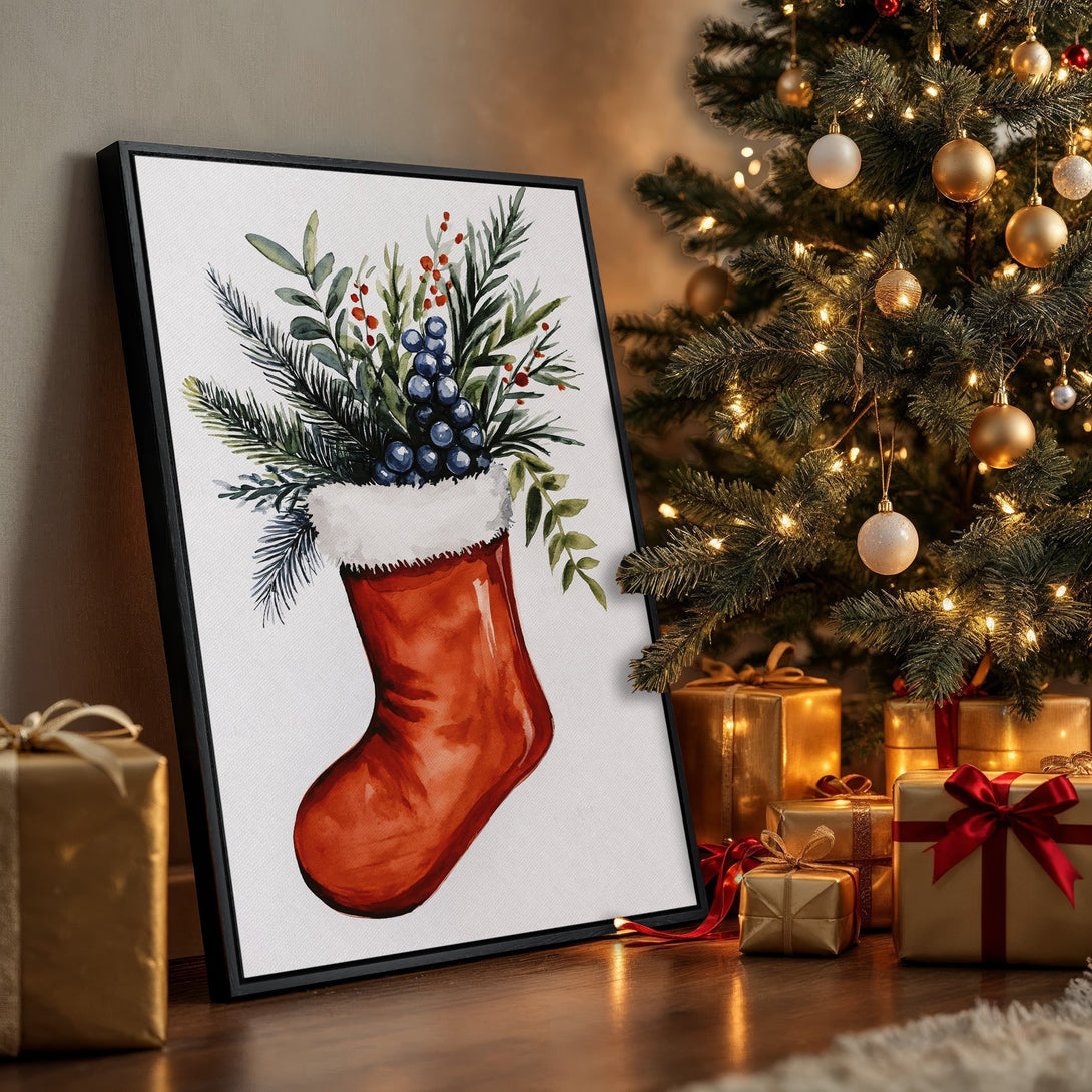Framed Wall Art: Watercolor Christmas stocking print with greenery. Festive decor in red, green, and gold. Perfect holiday gift!