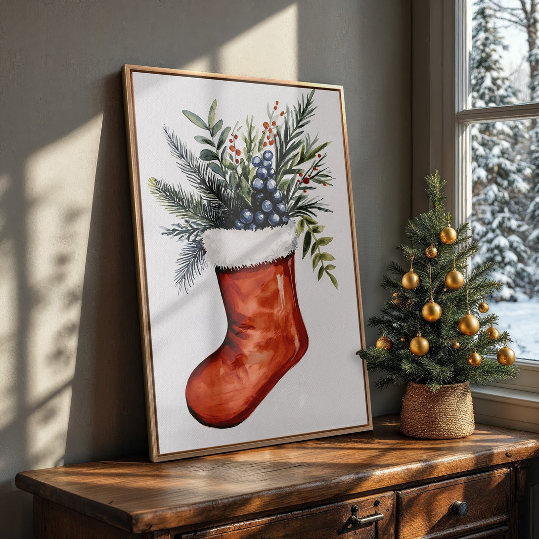 Framed Wall Art: Watercolor Christmas stocking print with a rustic, warm color palette. Perfect holiday decor for a cozy home.