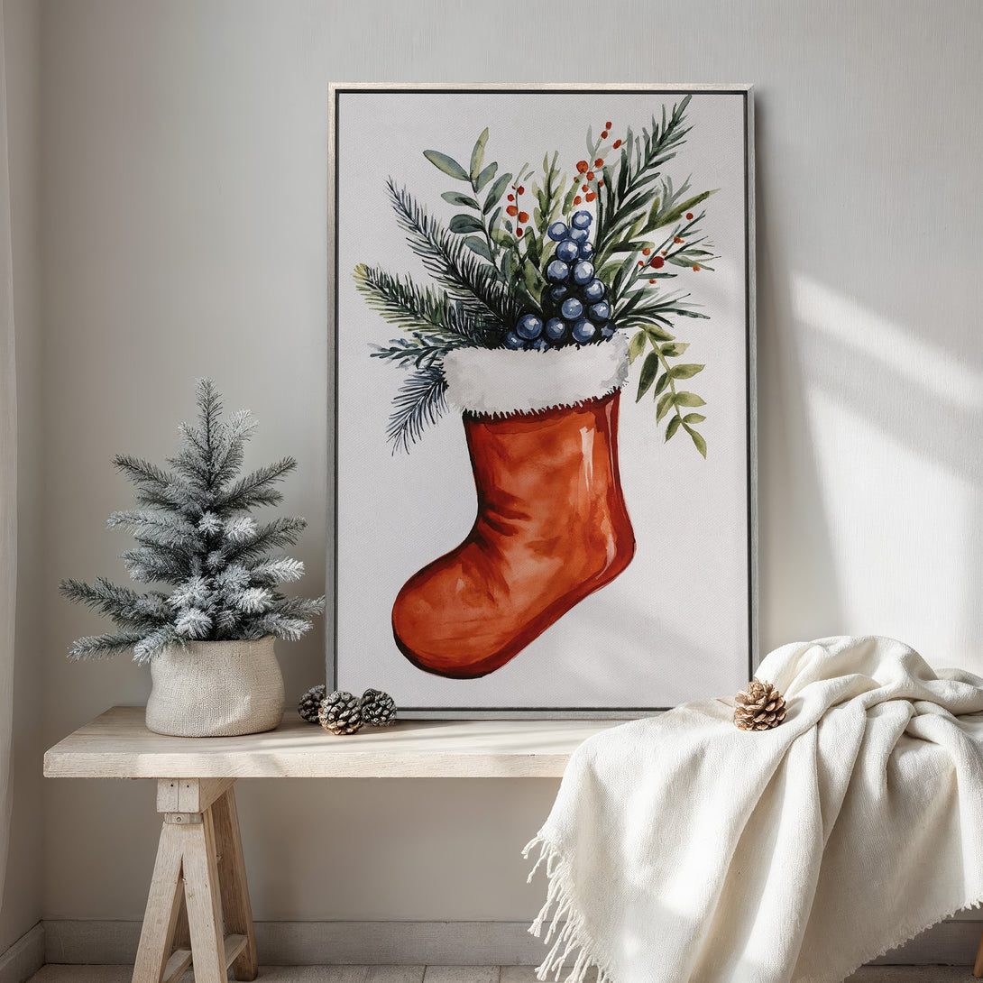 Framed Wall Art: Watercolor Christmas stocking print in warm reds, greens, and blues. Rustic, cozy style perfect for holiday decor.