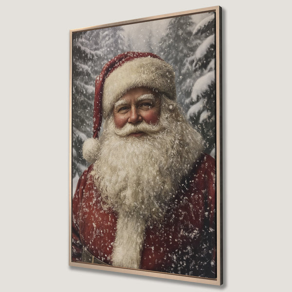 Framed Wall Art of Santa Claus in a snowy forest. Festive red and white color palette. Classic Christmas decor for your home.