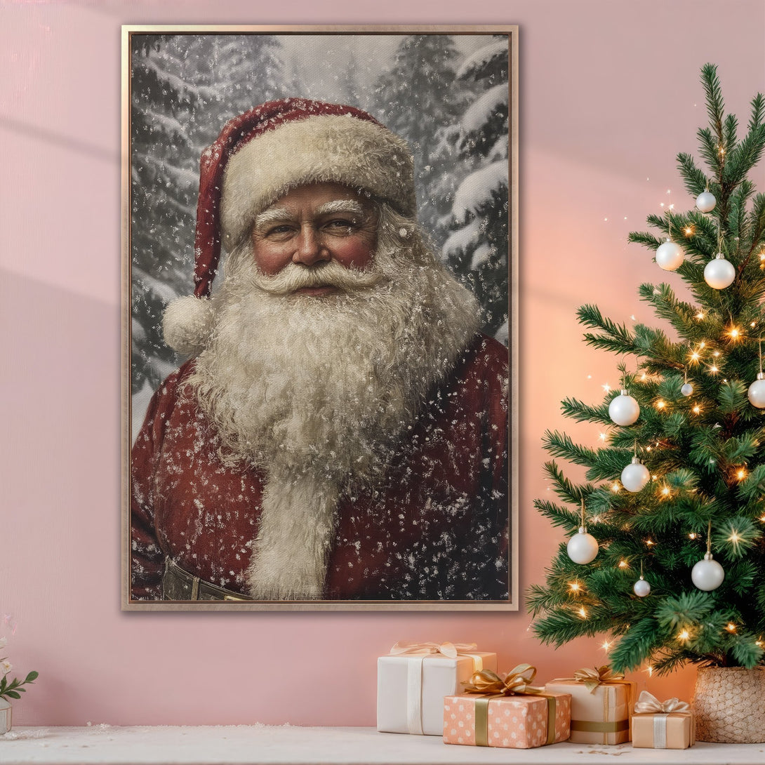 Framed Wall Art: Classic Santa Claus Canvas Print with a warm, vintage style. Featuring a red, white, and snowy color palette, perfect for holiday decor.