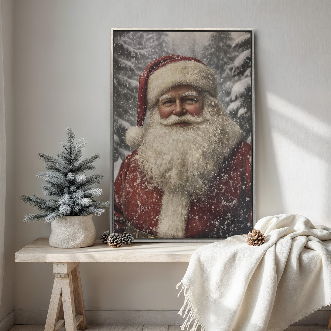 Framed Wall Art featuring Santa Claus in a snowy forest. Classic Christmas decor with a warm red and white color palette. Perfect holiday gift!