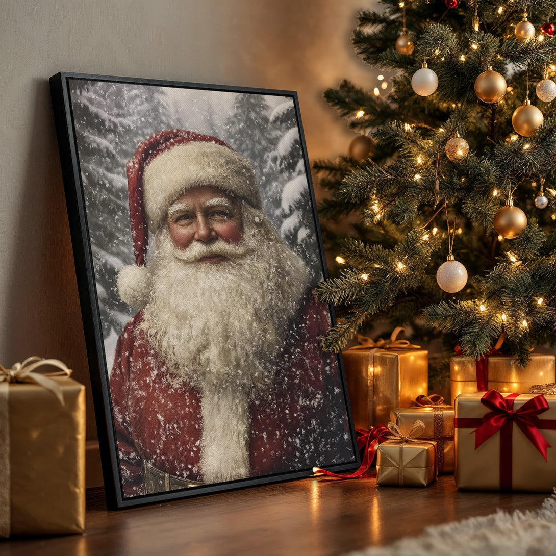 Framed Wall Art of Santa Claus in a snowy forest, festive Christmas decor. Red, white, and gold color palette, perfect for holiday home accents.