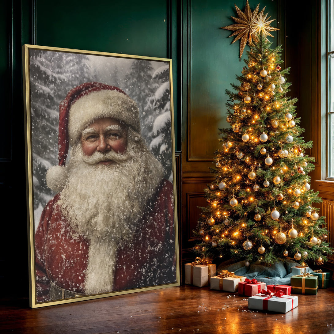 Canvas Print of Santa Claus in a snowy forest scene. Festive wall art with a warm, vintage color palette of red, white, and green. Perfect Christmas decor!