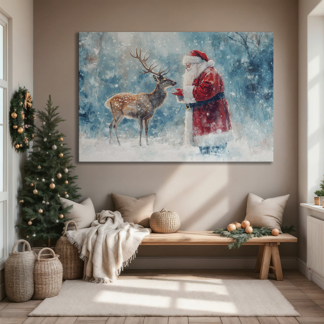 Framed Wall Art: Santa Claus & deer in winter scene. Whimsical watercolor style with red, blue, and white color palette. Perfect Christmas decor!