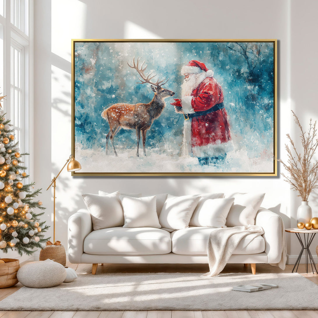 Canvas Print of Santa and deer in a winter scene, perfect for Christmas decor. Features a blue, red, and white color palette in a painterly style.