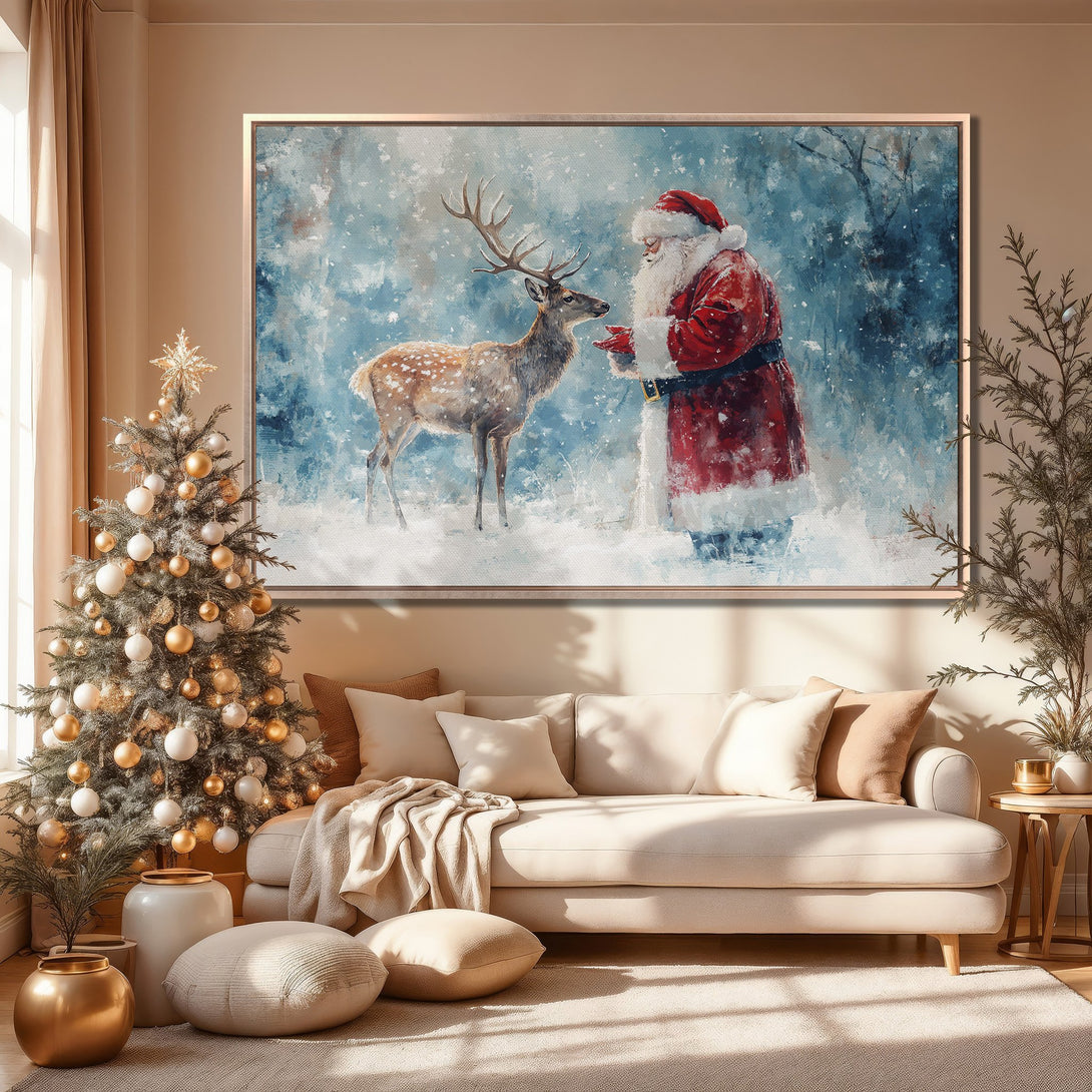 Framed Wall Art: Santa Claus & deer in winter scene. Blue & red palette. Perfect Christmas decor! Shop Canvas Prints for your home.