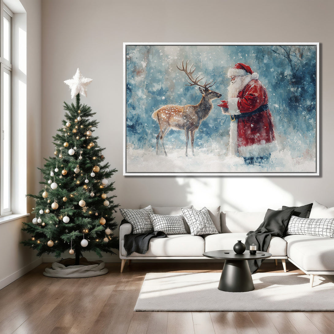 Framed Wall Art: Santa Claus and reindeer in winter scene. Watercolor style, blue and red palette. Perfect Christmas decor for a cozy living room.