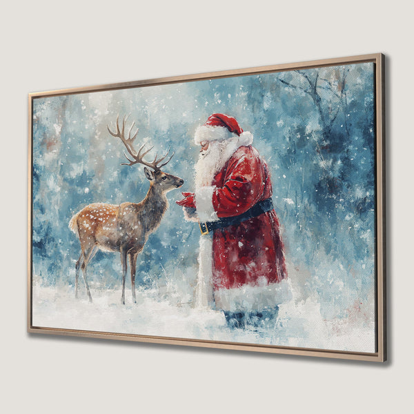Framed Wall Art: Santa Claus and deer in a snowy winter scene. Watercolor style with red, blue, and white color palette. Perfect Christmas decor.