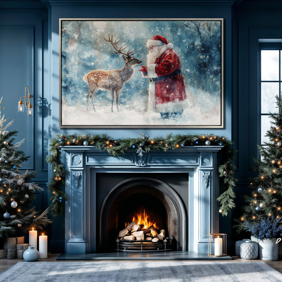 Framed Wall Art: Santa Claus & deer in a snowy scene. Cozy Christmas decor with blue & red tones. Perfect holiday gift!