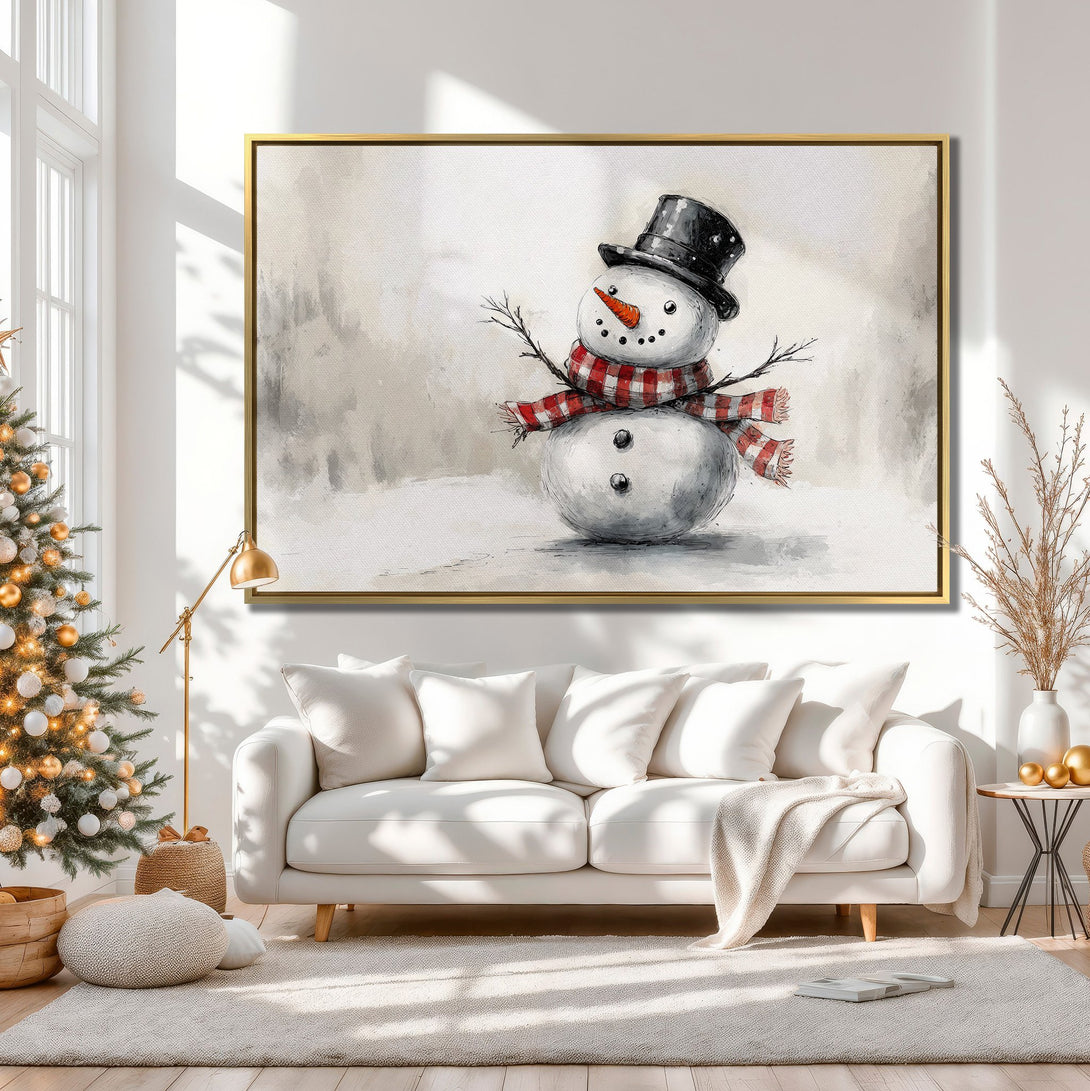 Canvas Print featuring a watercolor snowman with a red scarf, displayed in a cozy interior with neutral tones. Perfect holiday wall art!