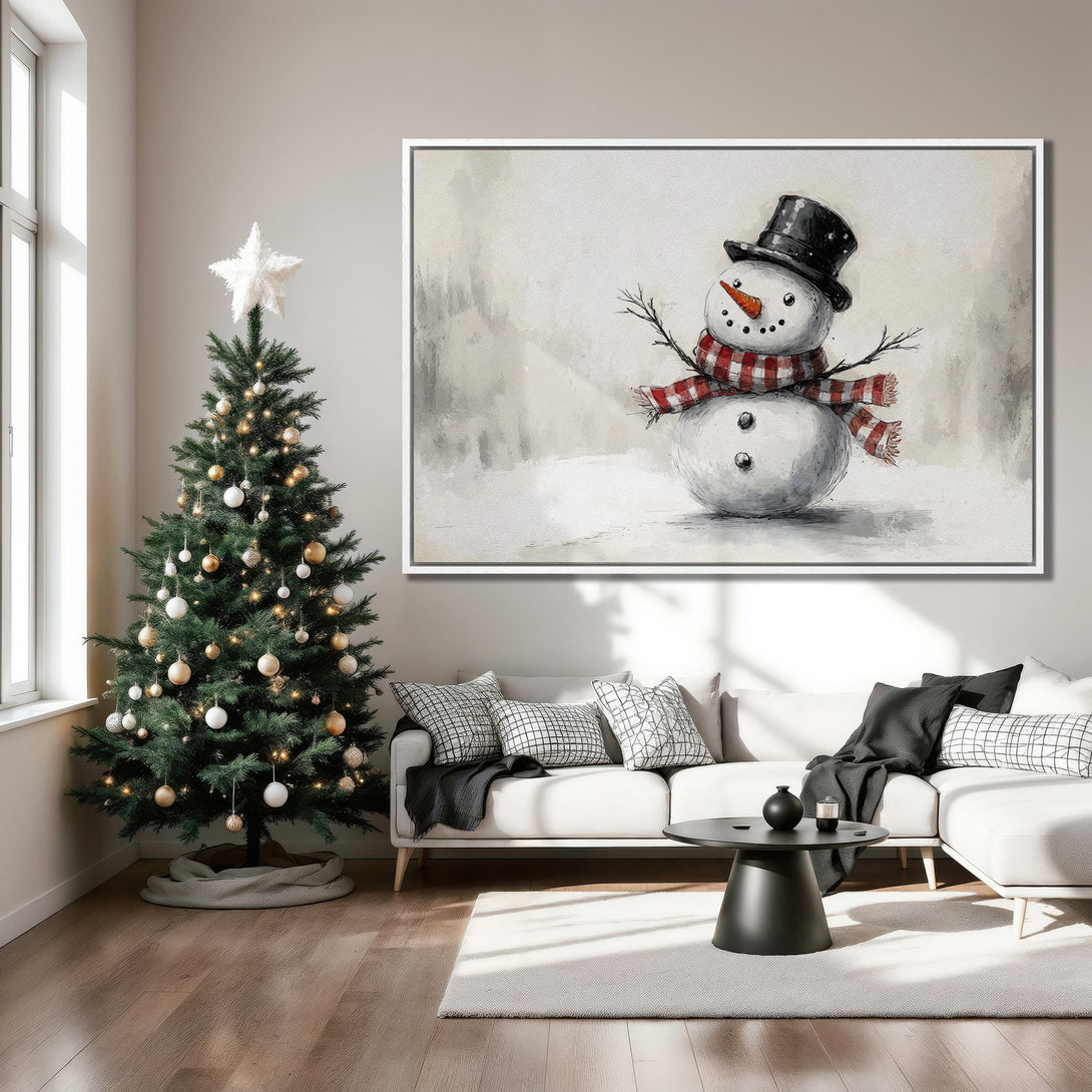 Framed Wall Art: Whimsical snowman painting in neutral tones. Cozy winter art for your home. Perfect Christmas decor with a touch of charm.
