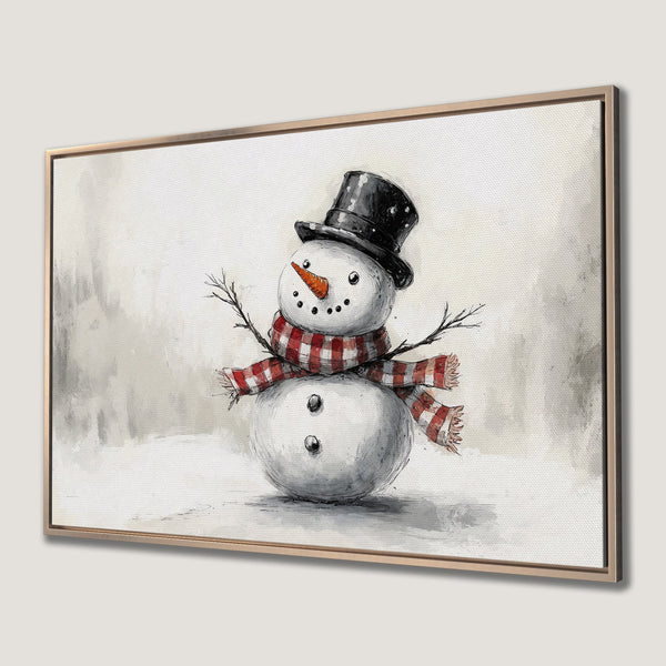 Framed Wall Art featuring a whimsical snowman illustration. Neutral color palette with pops of red. Perfect winter decor for your home!