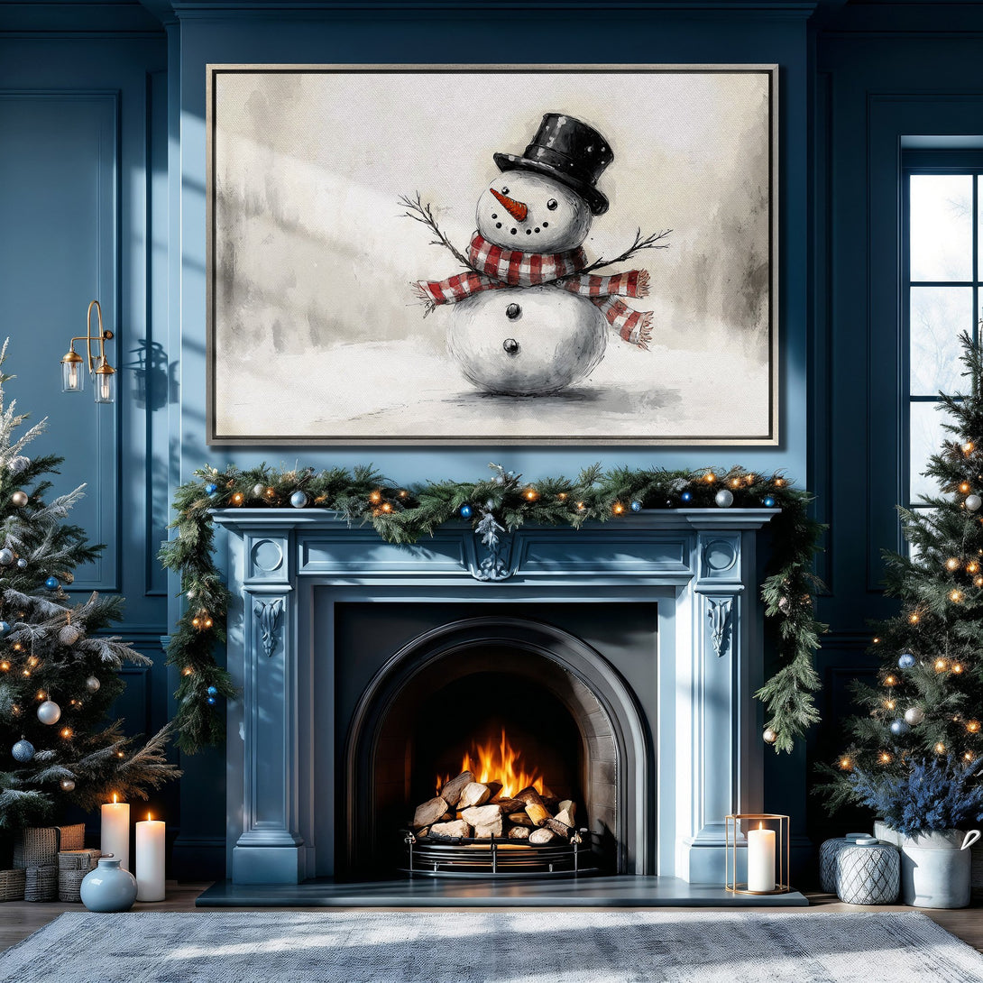 Framed Wall Art featuring a charming snowman illustration. Cozy winter scene with a neutral palette, perfect for holiday decor. Enhance your space with this Canvas Print.