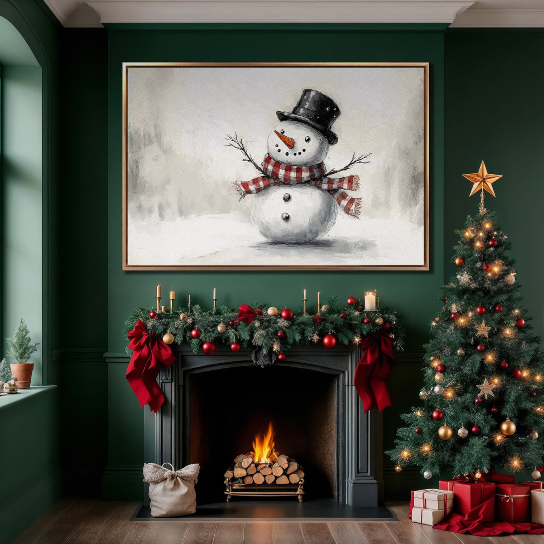 Framed Wall Art: Whimsical snowman painting in a cozy interior. Features a warm, neutral palette with pops of red. Perfect for holiday decor!