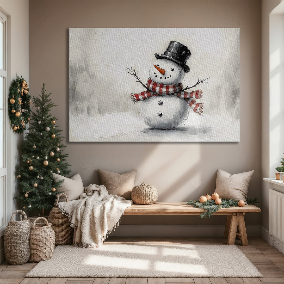 Framed Wall Art: Watercolor snowman art in neutral tones. Add festive charm to your home with this cozy winter canvas print.