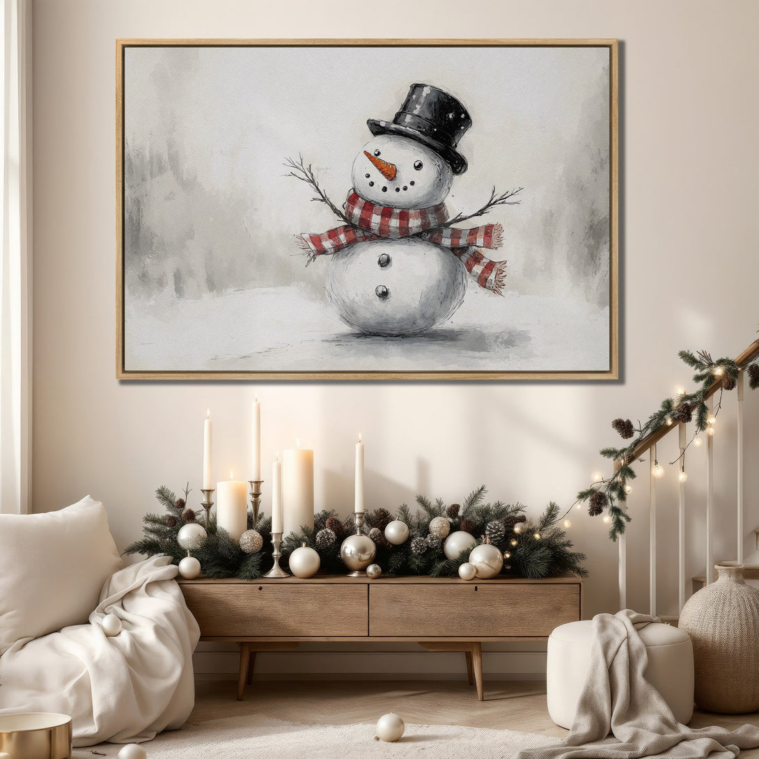 Framed Wall Art: Whimsical snowman illustration in a neutral color palette. Perfect for adding a touch of winter charm to your home decor. Shop now!
