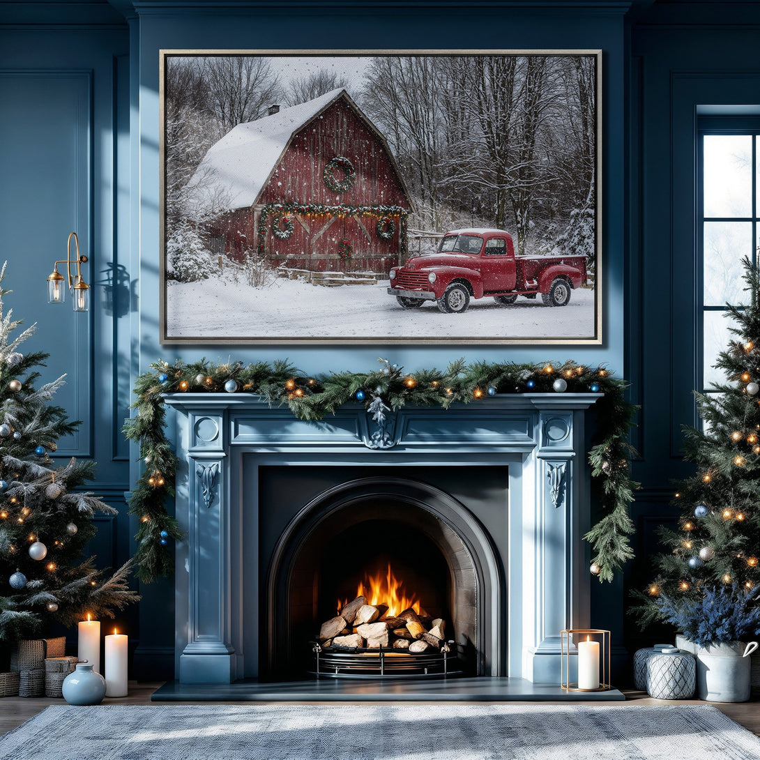 Framed Wall Art featuring a snowy red barn and truck. Rustic winter scene in a cozy blue interior. Perfect for holiday decor!