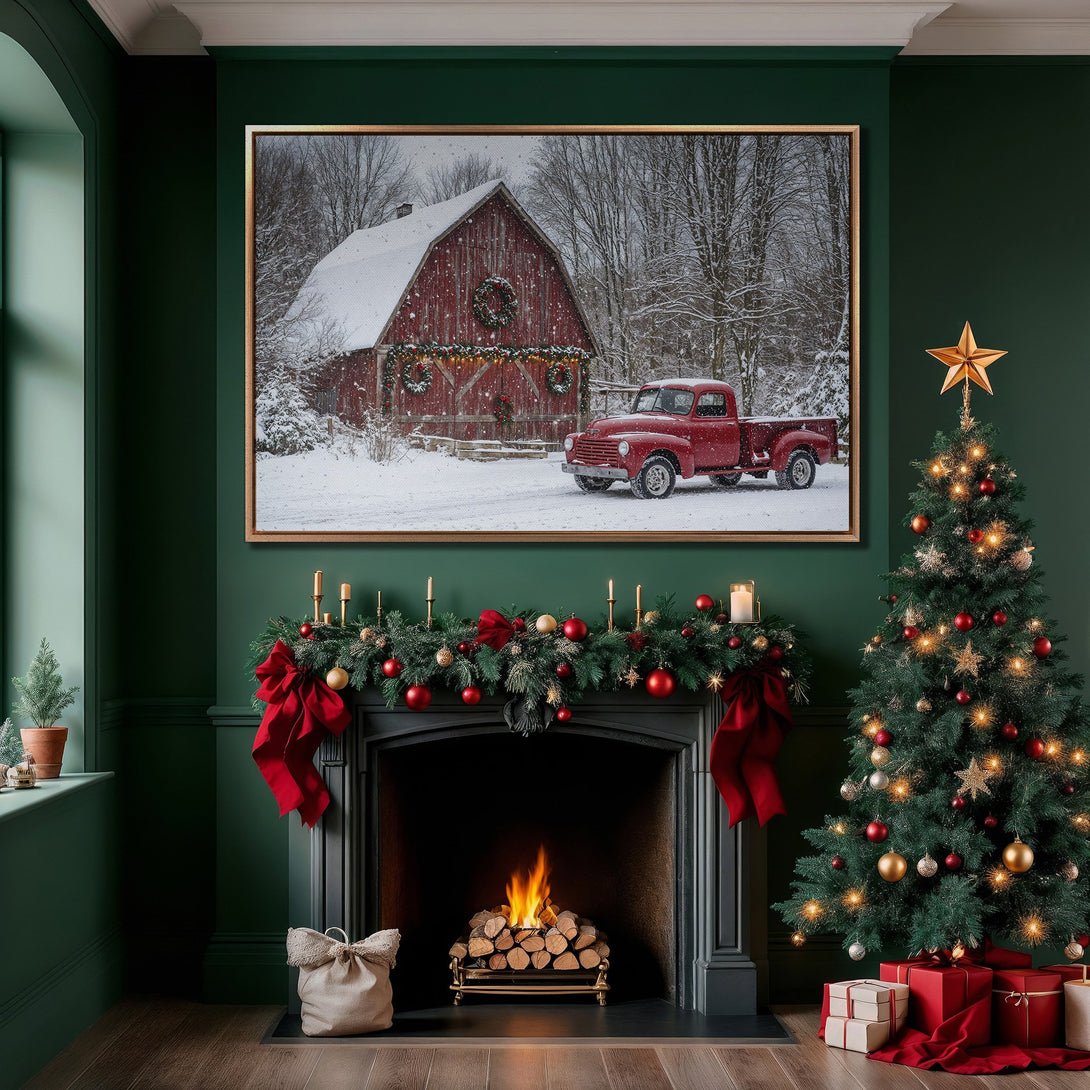 Framed Wall Art: Rustic red barn and truck in winter scene. Warm, inviting color palette. Perfect for holiday decor and cozy living rooms.