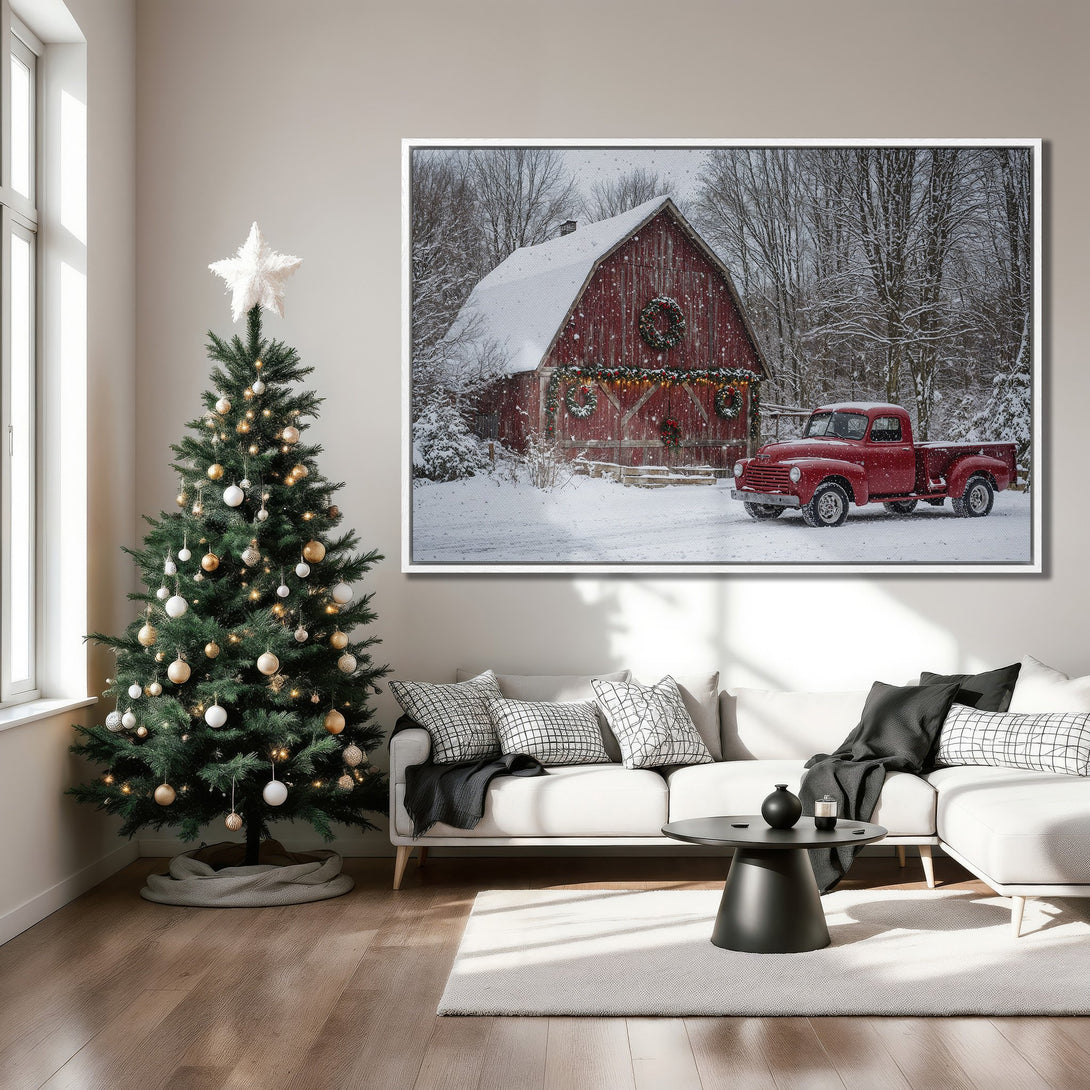 Framed Wall Art: Rustic red barn and truck in winter snow scene. Warm, inviting colors. Perfect holiday decor. Canvas Print adds cozy charm to any room.