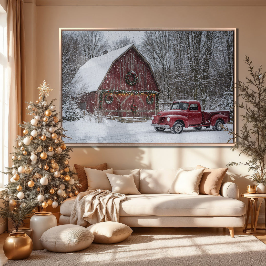 Framed Wall Art: Rustic red barn and truck in a snowy scene. Warm, inviting colors. Perfect for cozy, holiday decor.