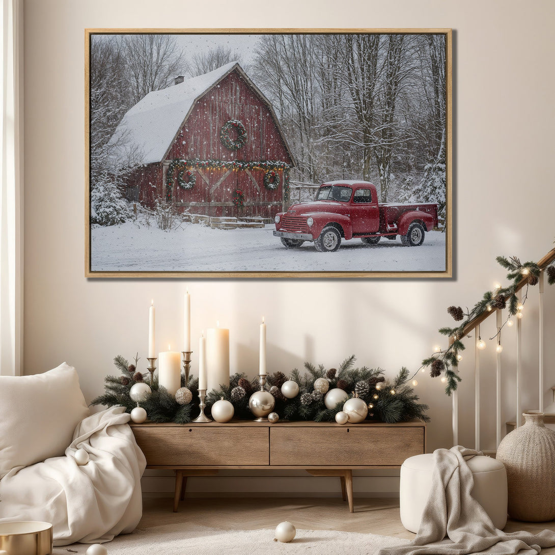Framed Wall Art: Rustic winter scene with red truck & barn, snowy landscape. Warm, inviting color palette. Perfect for cozy holiday decor.