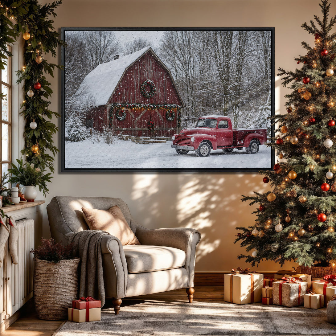 Framed Wall Art: Rustic winter scene with red barn and truck. Cozy farmhouse style, featuring a snowy landscape with a red and white color palette. Perfect holiday decor.