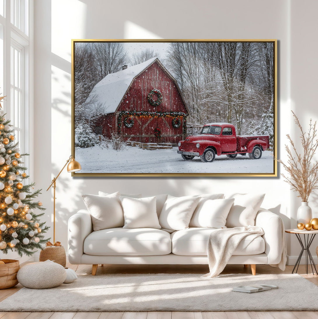 Canvas Print: Rustic red barn & truck in winter scene. Warm neutrals & pops of red create inviting farmhouse style. Perfect for holiday decor!