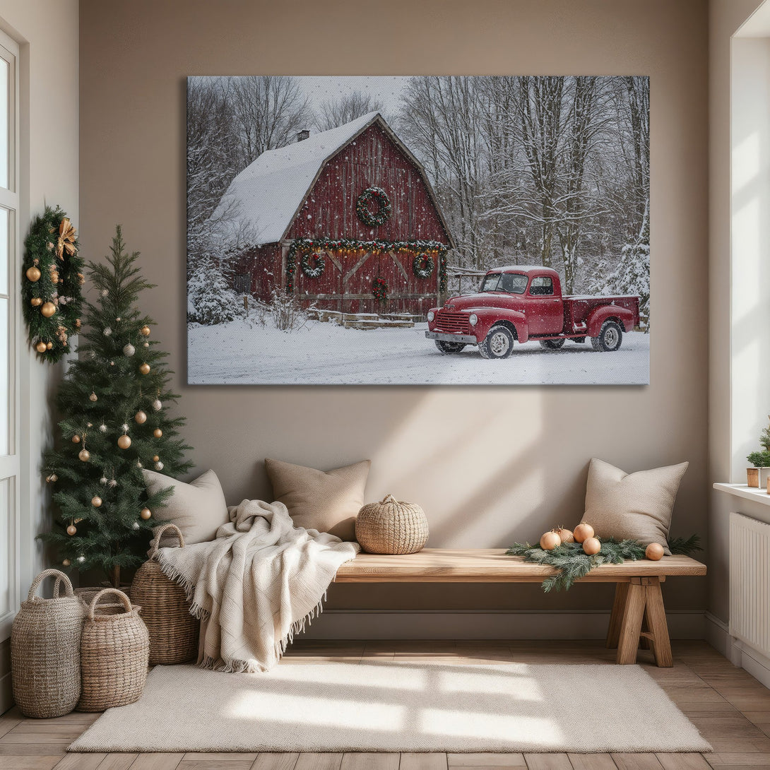 Framed Wall Art: Rustic winter scene Canvas Print with a red barn and truck, snowy landscape, warm red and neutral color palette. Perfect for cozy decor.