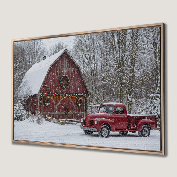 Framed Wall Art: Rustic red barn & truck in winter snow scene. Cozy farmhouse style, perfect for holiday decor. Warm red & white palette.