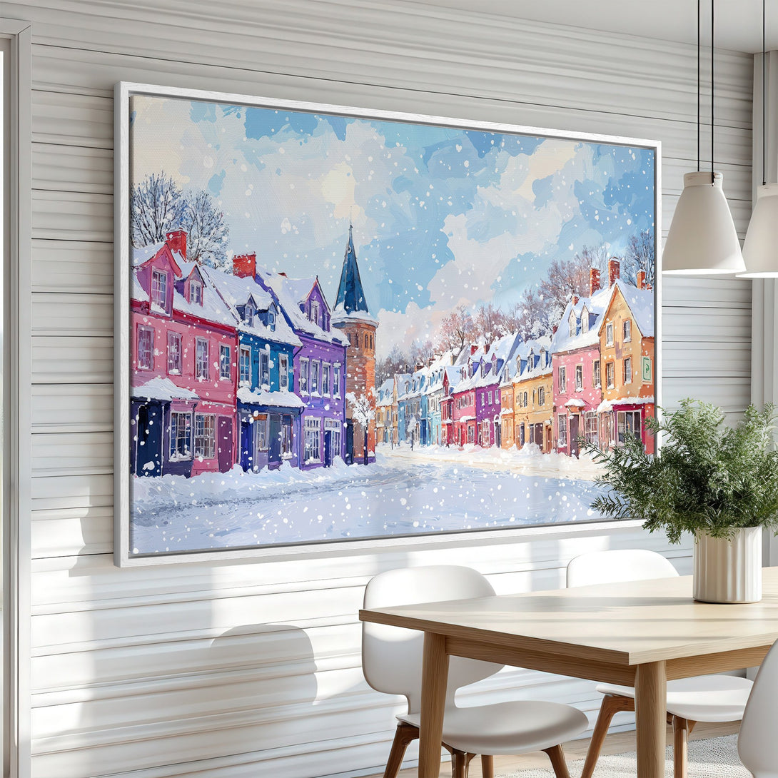 Framed Wall Art: Winter street scene canvas print with colorful houses. Adds a cozy, artistic touch to any space. Features a vibrant, pastel color palette.