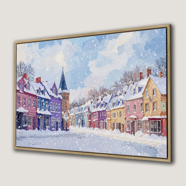 Canvas Print of a colorful winter street scene. Watercolor style with a vibrant palette of pinks, purples, and blues.