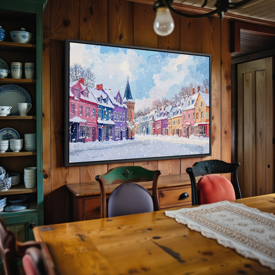 Framed Wall Art: Watercolor winter street scene with colorful buildings. Adds cozy charm to any room. Beautiful pastel palette.