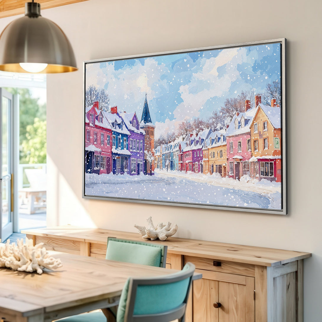 Framed Wall Art of a colorful winter street scene. Impressionistic style with a vibrant palette of blues, pinks, and yellows. Perfect for adding warmth to your home.