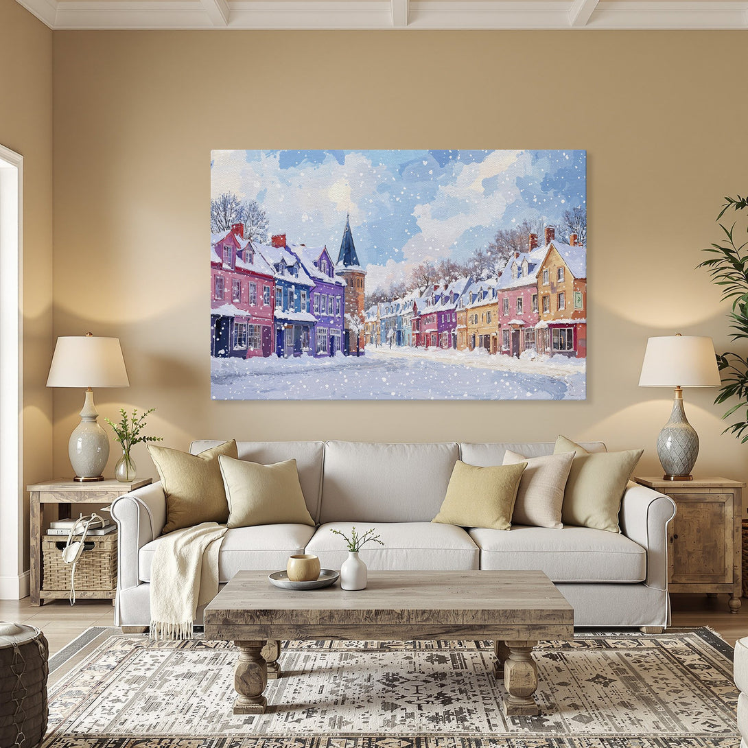 Framed Wall Art featuring a winter cityscape in a watercolor style with a colorful palette. Perfect for adding charm to any room.