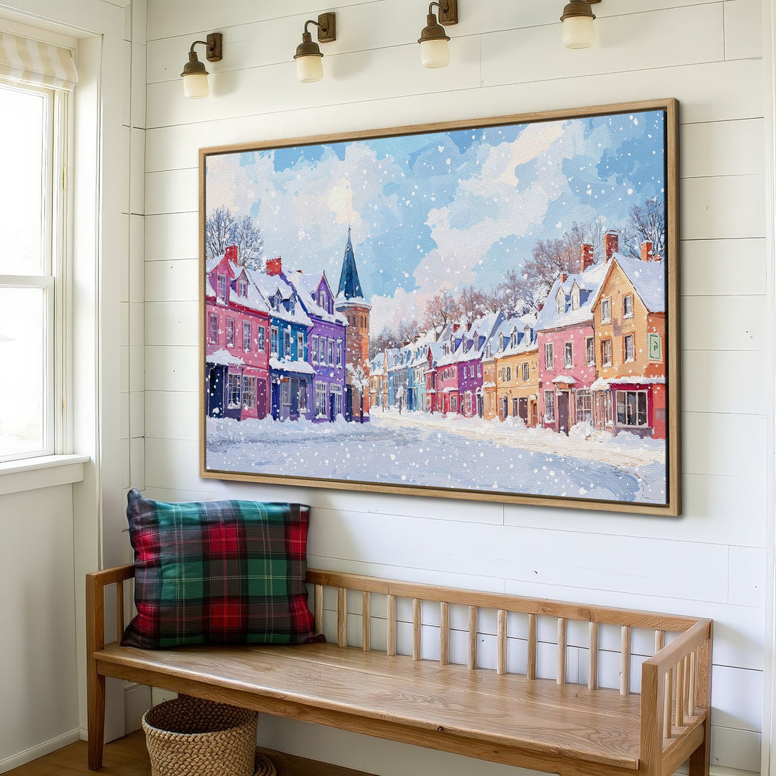 Framed Wall Art: Watercolor painting of a snowy village street with colorful houses. Adds a cozy, wintery vibe with a vibrant color palette.