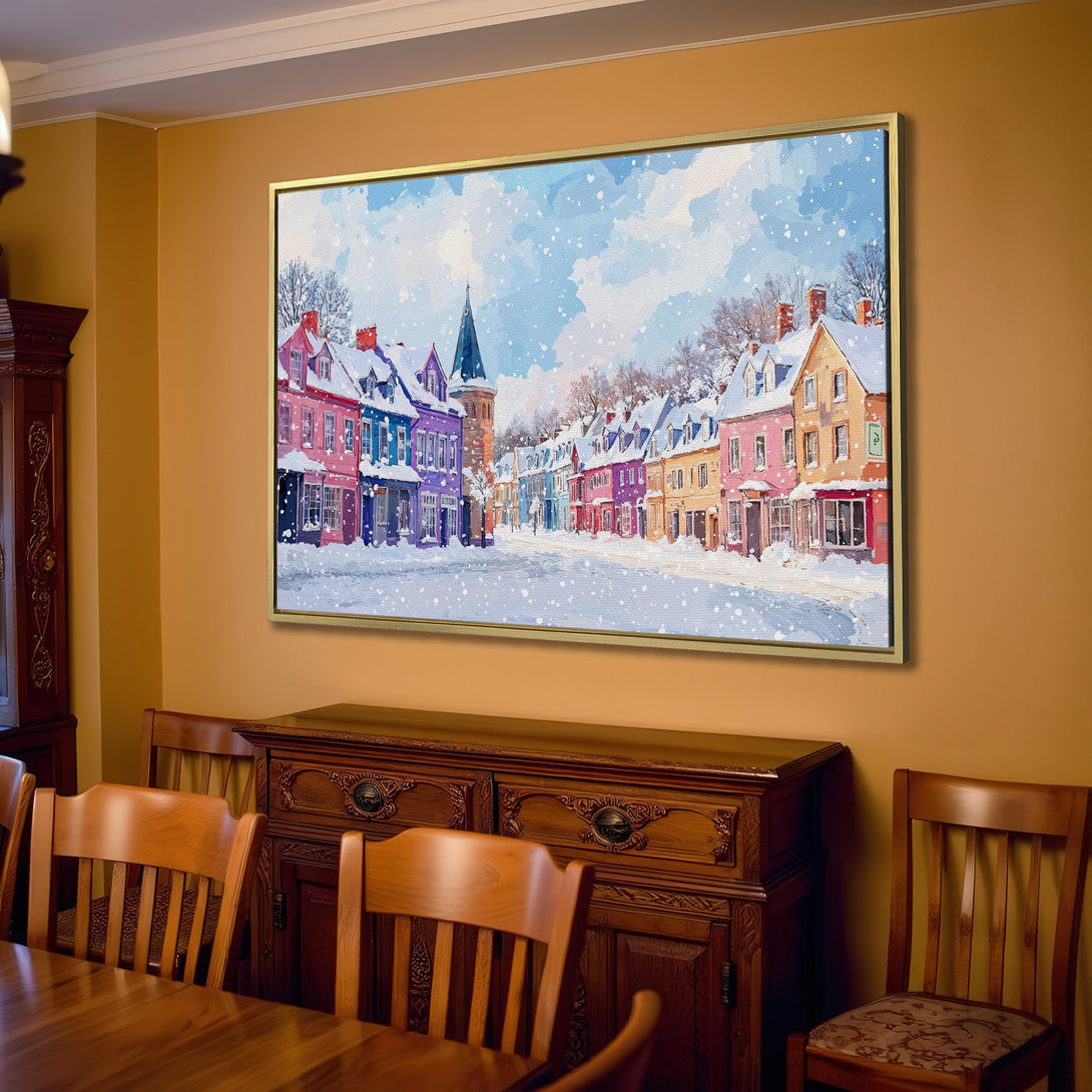 Canvas Print of a colorful winter village scene, perfect for adding warmth and charm. Features a vibrant, painterly style with a cool blue and warm color palette.