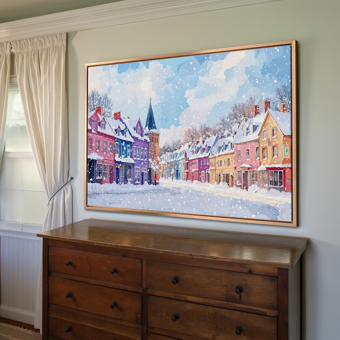 Framed Wall Art: Winter town scene Canvas Print with colorful buildings & snowy street. Charming watercolor style, perfect for home decor.