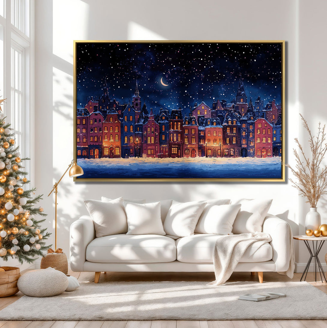 Canvas Print of a winter cityscape, showcasing a cozy, warm color palette with blues, reds, and golds. Perfect for adding a touch of holiday charm.