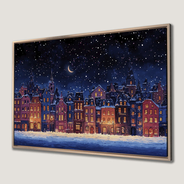 Framed Wall Art: Winter cityscape Canvas Print with warm lights, cool blues, and a starry night sky. Cozy art for your home!