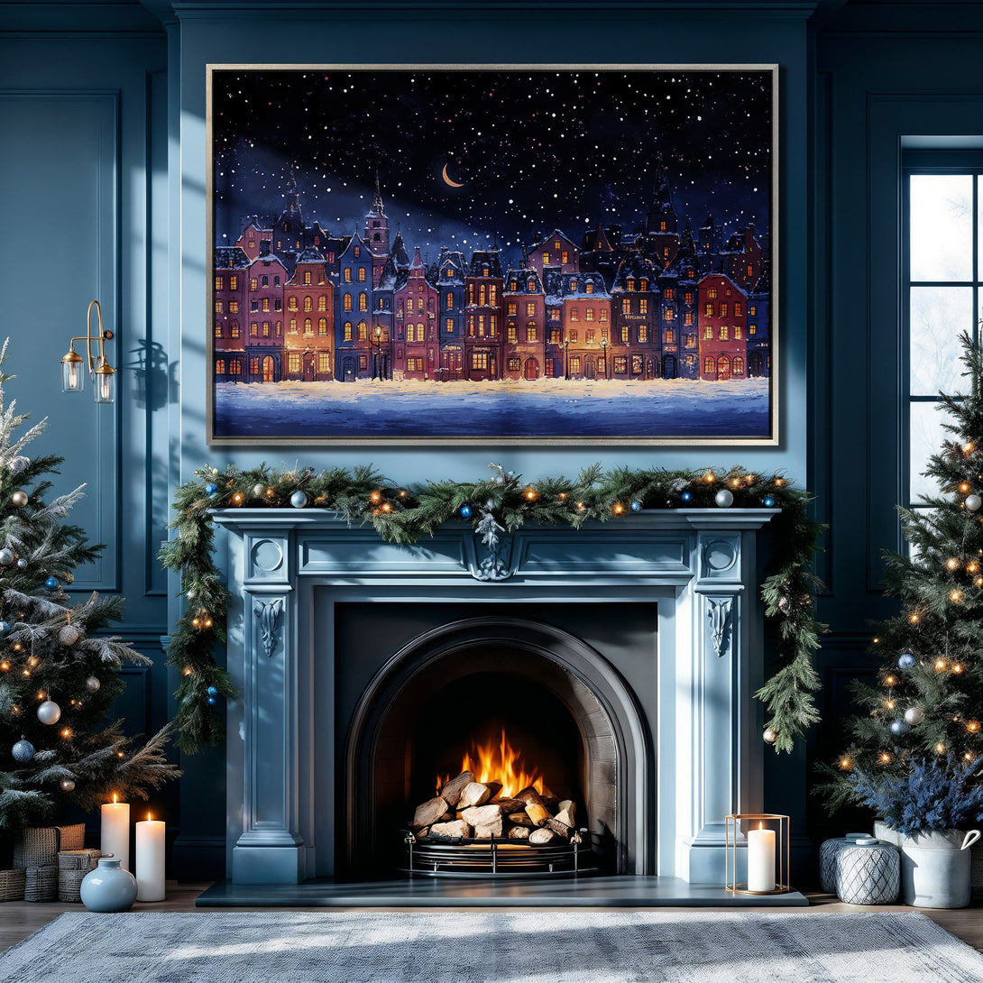 Framed Wall Art featuring a winter cityscape in a cozy interior. Warm, inviting colors with a touch of blue and gold. Perfect for holiday decor!