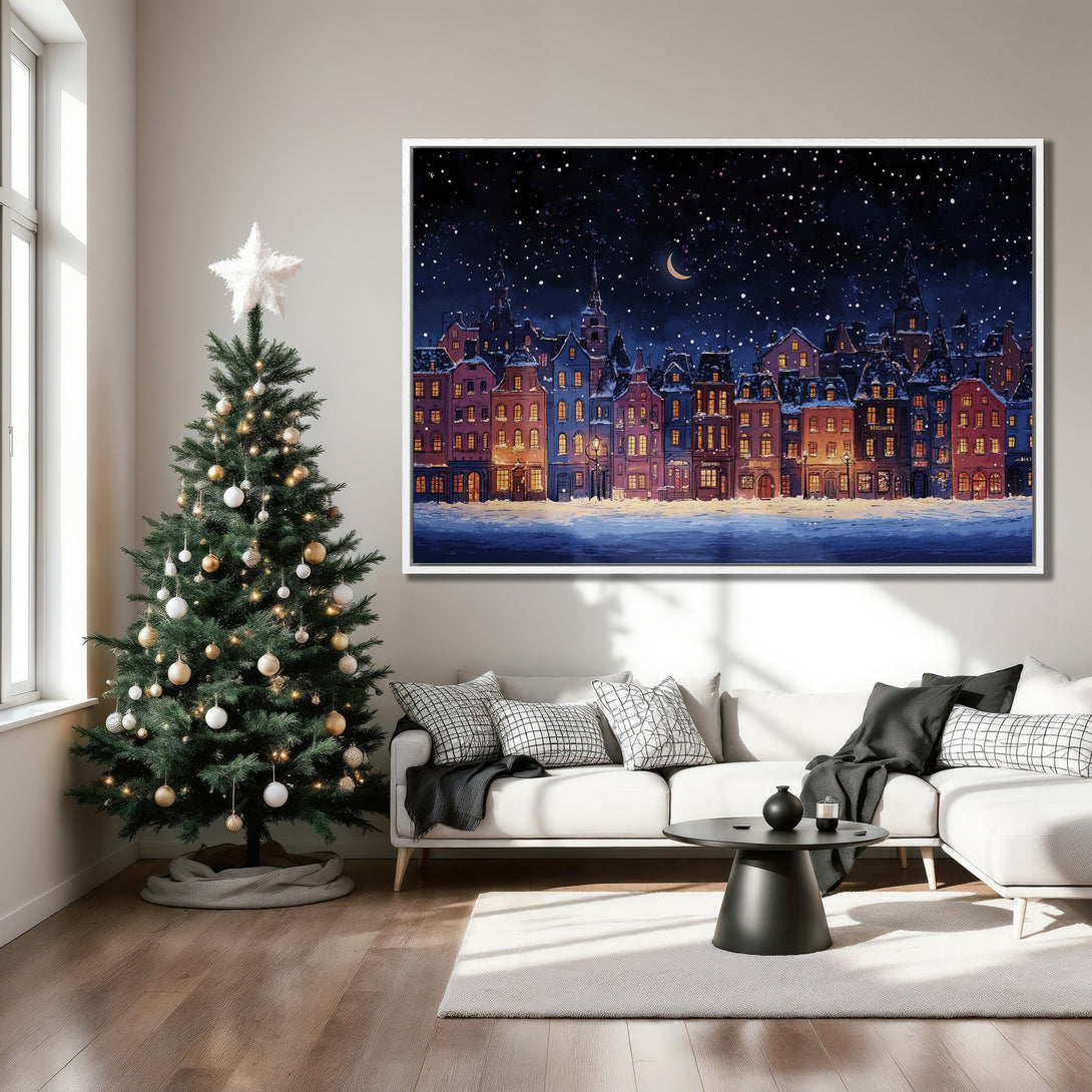 Framed Wall Art featuring a winter cityscape under a starry night sky. Cozy, warm color palette of blues, reds, and golds. Perfect for holiday decor.