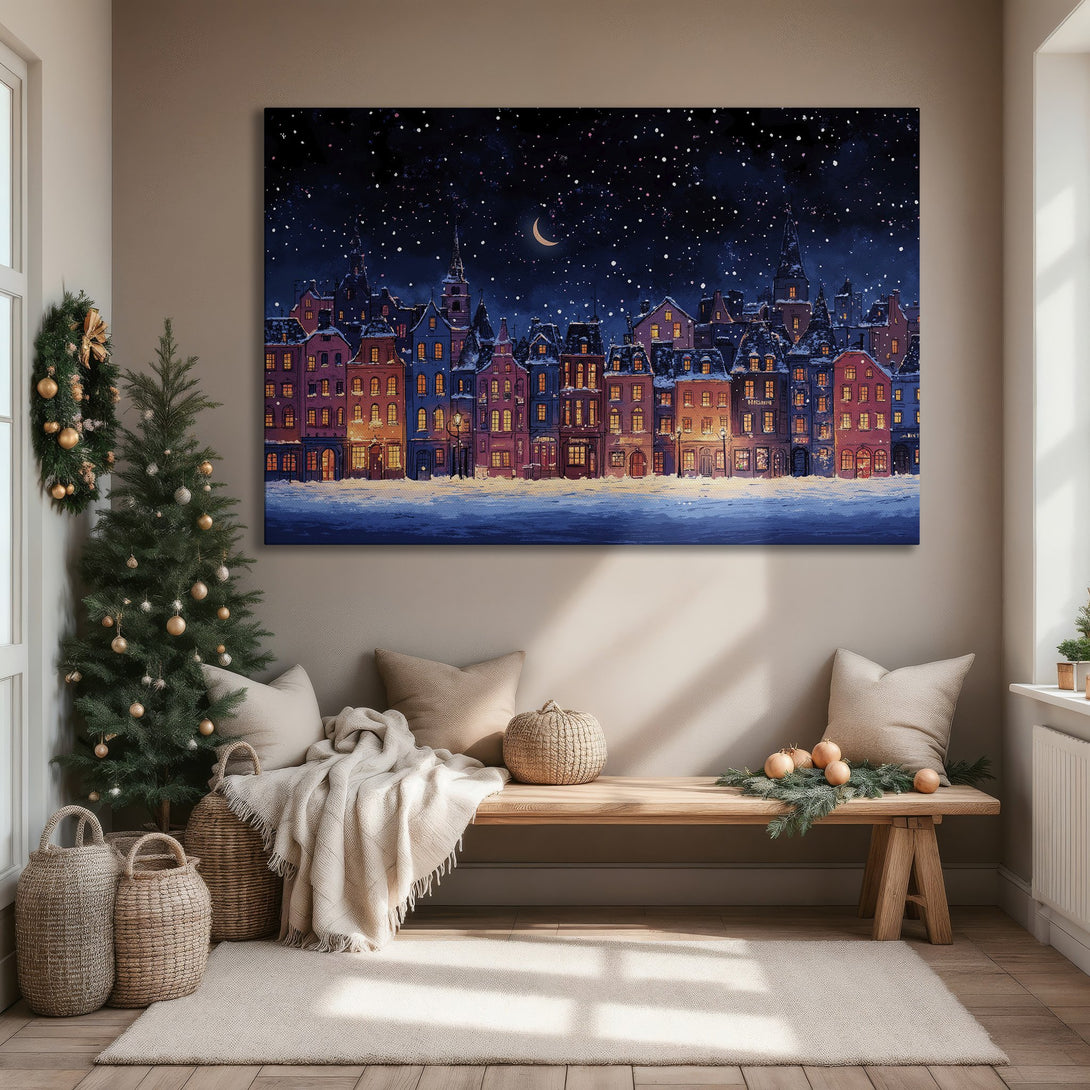 Framed Wall Art: Winter cityscape Canvas Print with a warm, inviting color palette. Showcasing a cozy night scene with twinkling stars and a crescent moon.