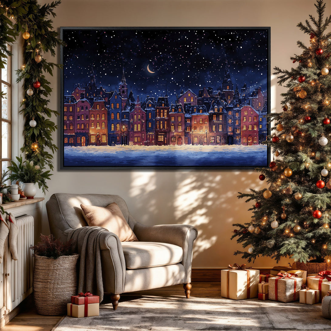 Framed Wall Art: Charming winter cityscape in watercolor style. Features a night sky, warm-toned buildings, and a cozy interior. Perfect for holiday decor!
