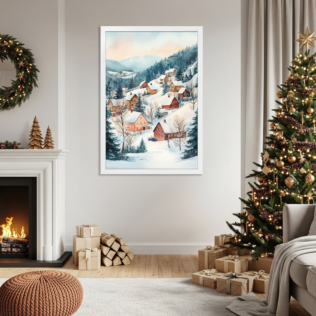 Framed Poster of a snowy village scene in watercolor style, featuring a warm winter color palette. Perfect wall art for your home.